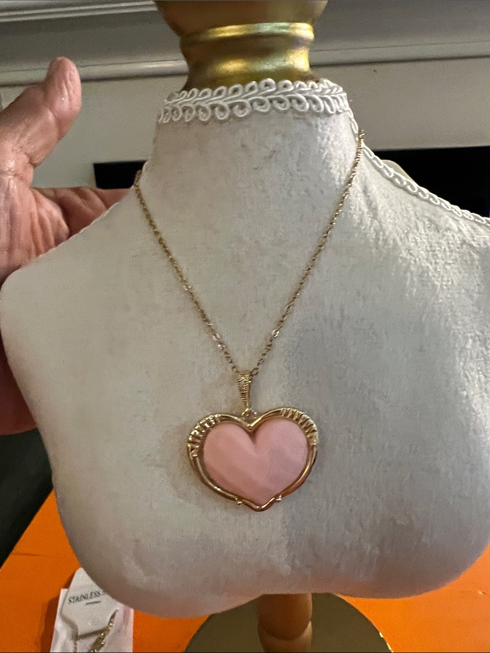 Gold Heart Pendant Necklace with Pink Inlay